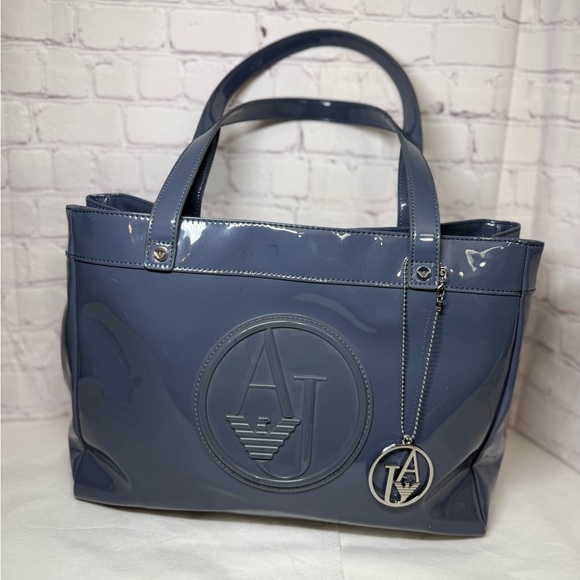 Armani Jeans Tote Blue Gray Patent Leather Large Shoulder Bag w/Bag Charm Silver - Picture 13 of 13